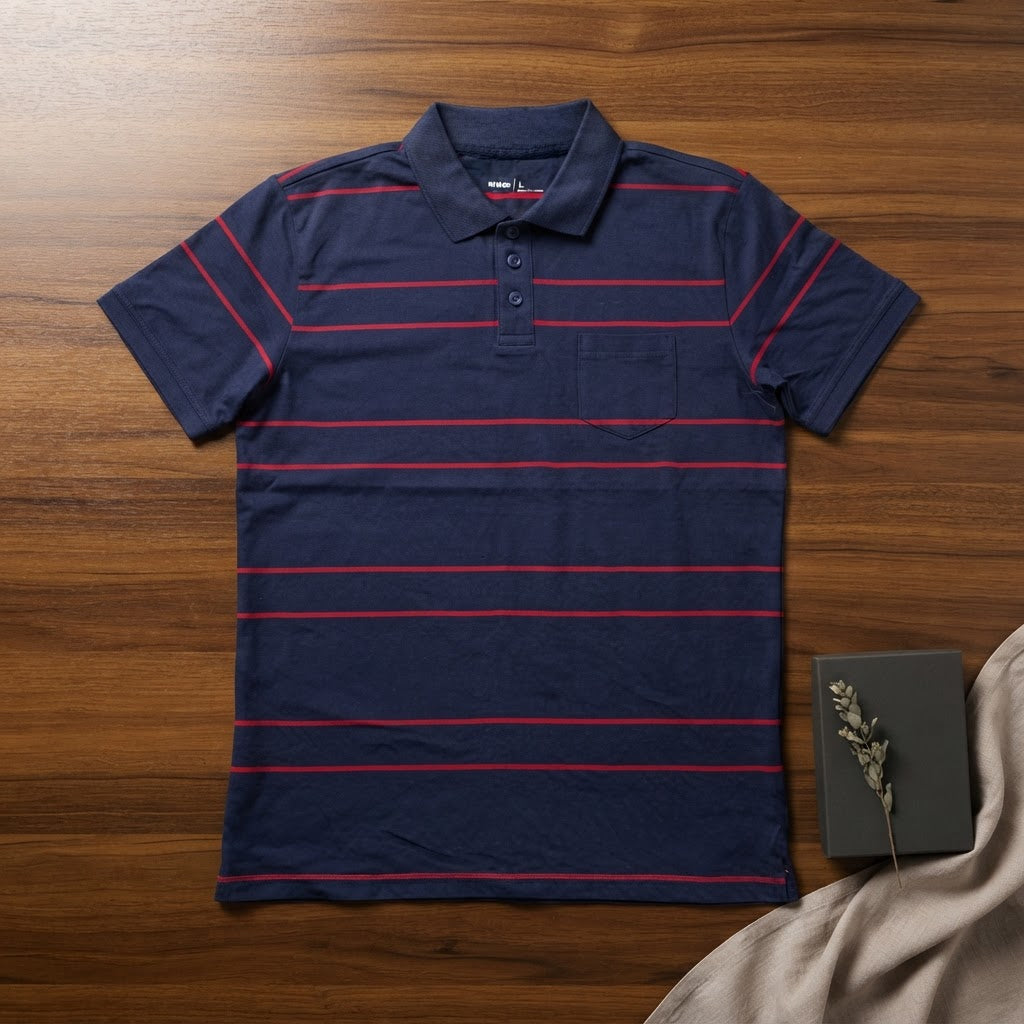 ANKO Navy Blue and Red Striped Men's Polo Shirt with Pocket
