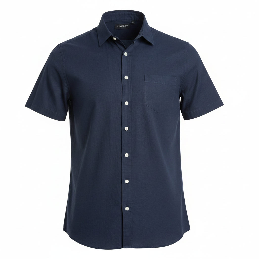 Livergy Men's Navy Blue Short Sleeve Linen Shirt