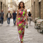 SHEIN SHEIN Multi-Colour Leopard Print Ruched Halter Maxi Dr