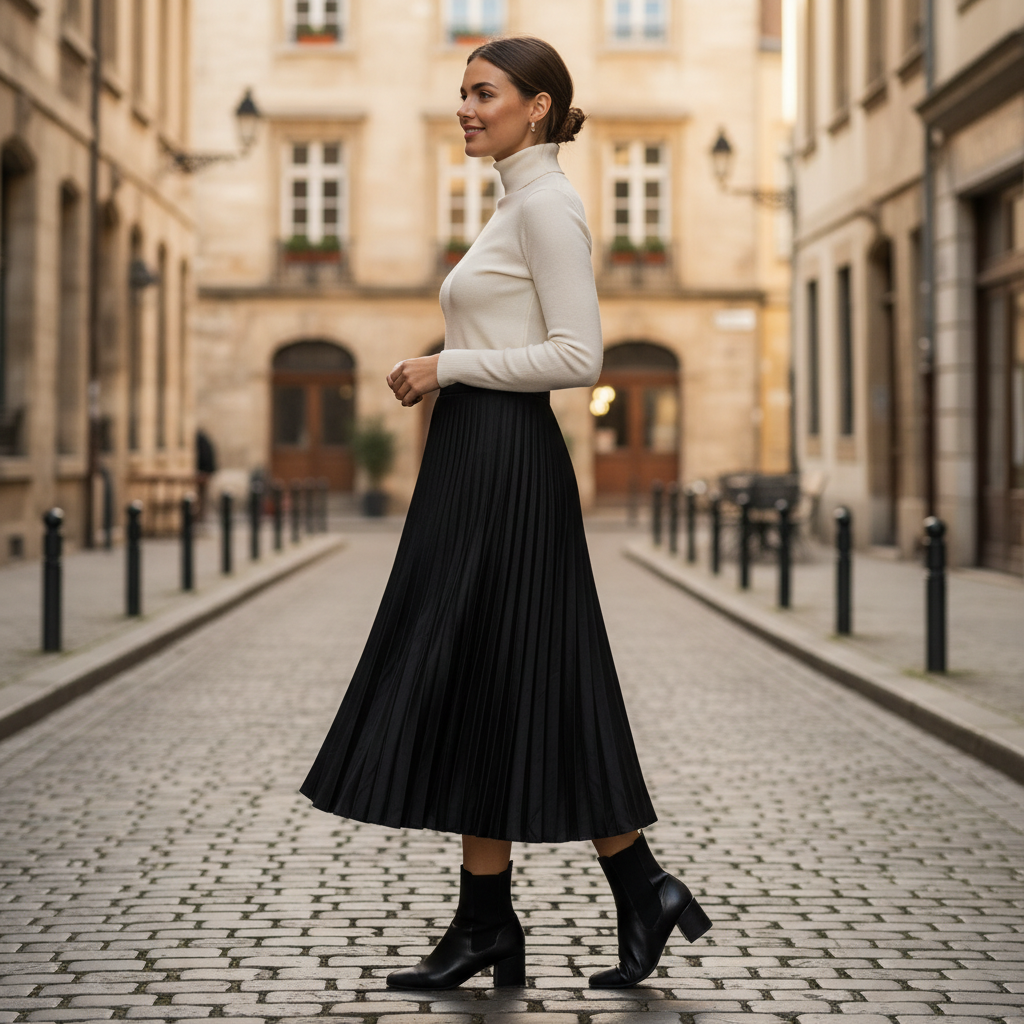 Women's Elegant Black Pleated Midi Skirt