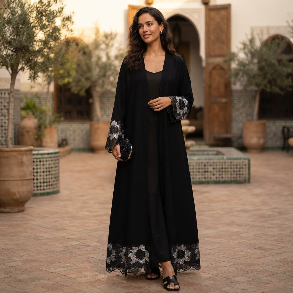 Black Floral Lace Crepe Abaya Long Robe
