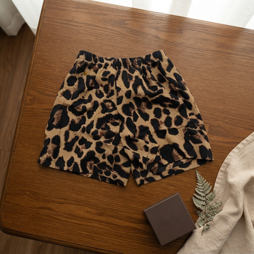SHEIN Tan Leopard Print SHEIN Kids' Shorts with Elastic Wais
