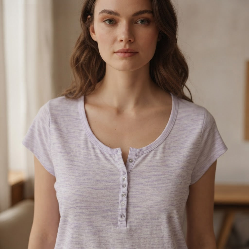 B collection Lavender Space-Dye Henley T-Shirt with Curved H