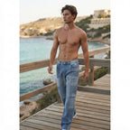 boohooMAN Light Blue Patchwork Distressed Straight Leg Denim