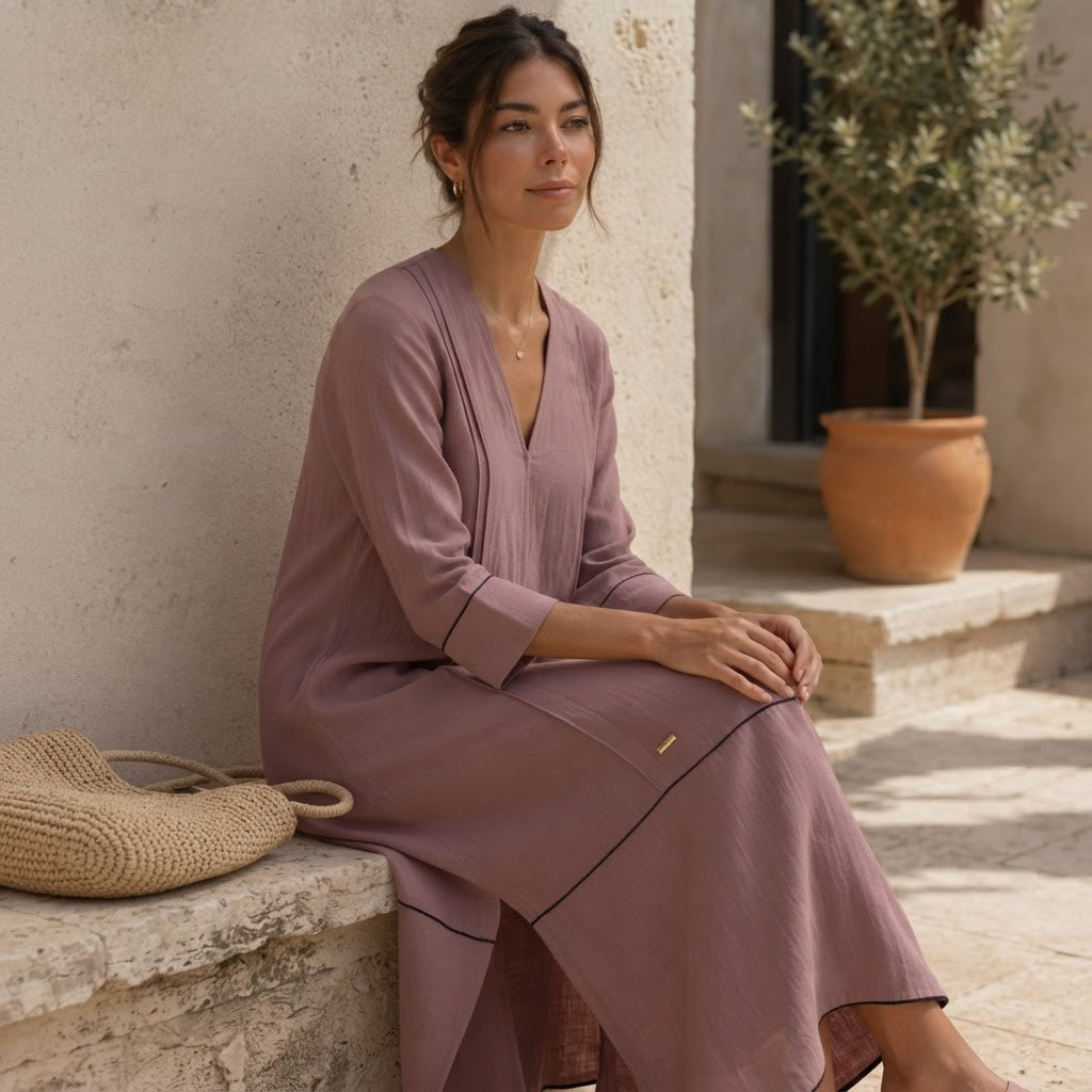 Strive Dusty Mauve Long Kurta with Scalloped Black Trimmed H