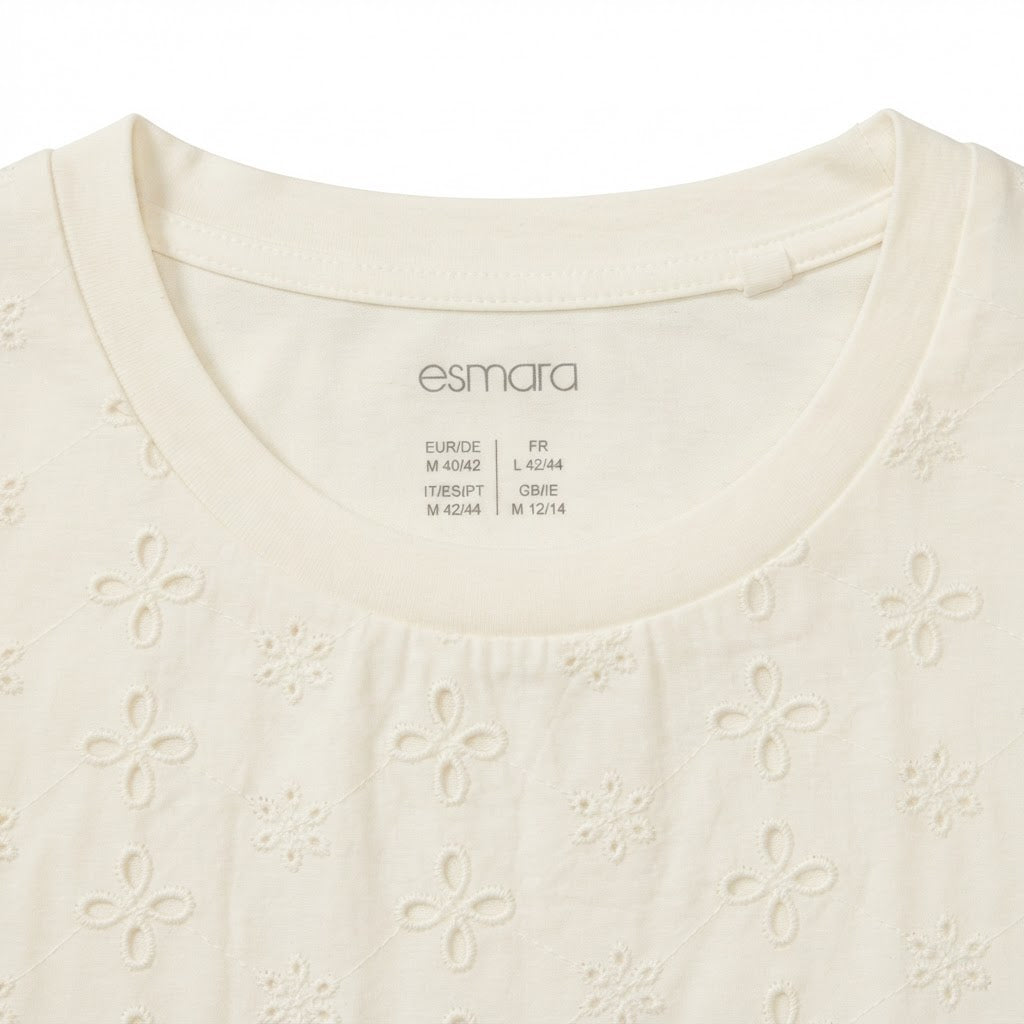 esmara Women's White Broderie Anglaise Yoke Cotton T-Shirt