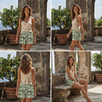 Vibrant Green Botanical Leaf Print Elastic Waist Shorts