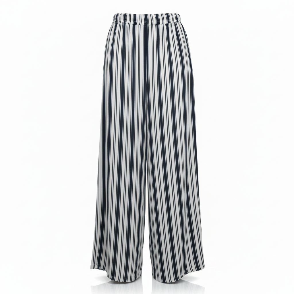 Bershka_ Women's Navy and White Striped Wide Leg Trousers