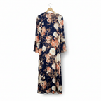 REFAN Women's Navy Blue Floral Long Kimono with Gold Trim