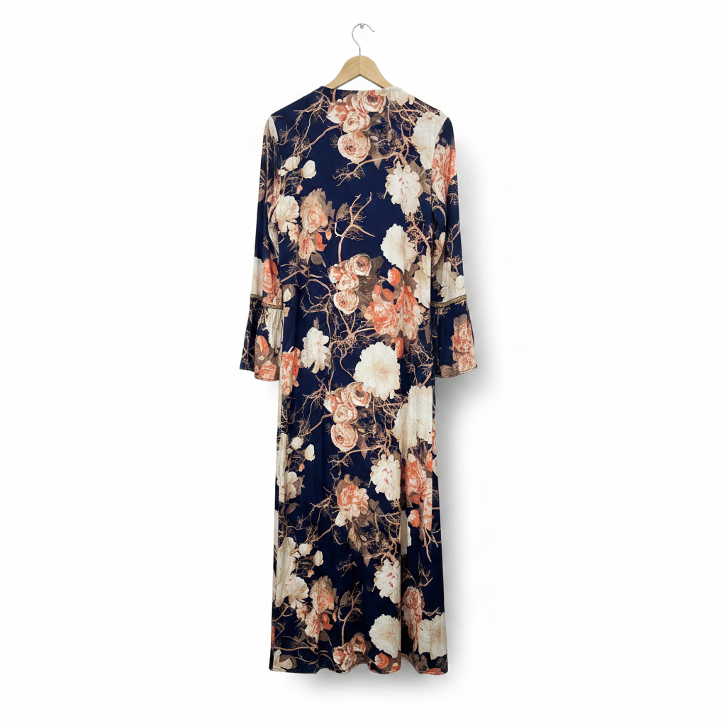 REFAN Women's Navy Blue Floral Long Kimono with Gold Trim