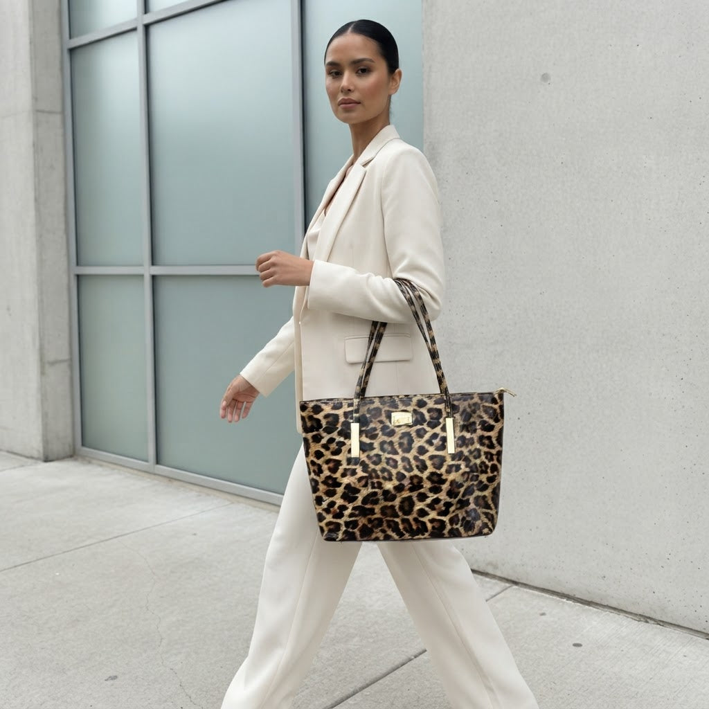 Diophy Patent Leopard Print Shoulder Tote