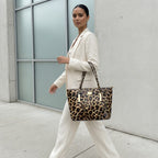Diophy Patent Leopard Print Shoulder Tote