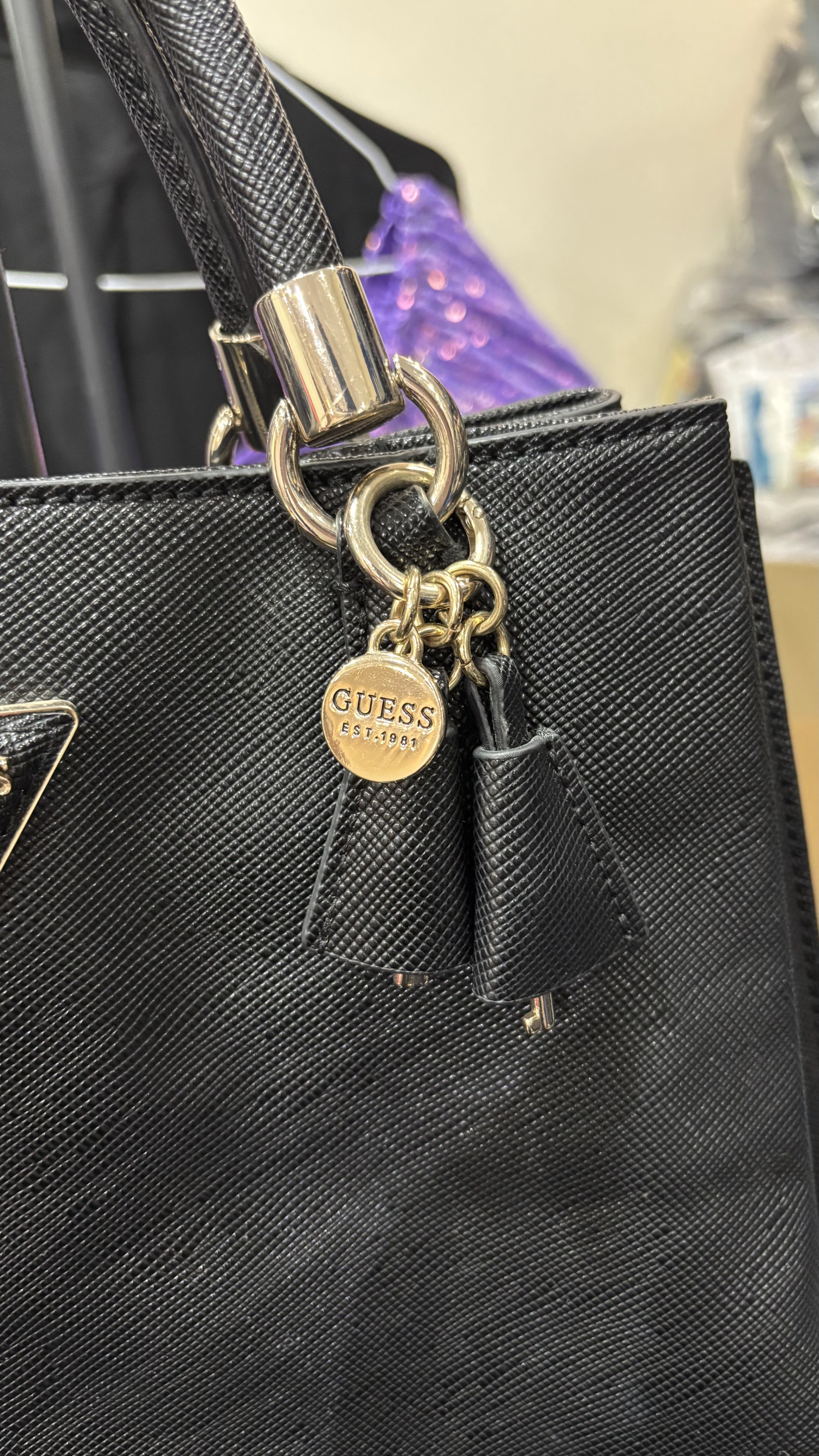 GUESS EST.1981 Black Structured Grained Leather Top-Handle T