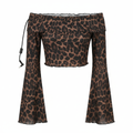 Women's Leopard Print Off-The-Shoulder Bell Sleeve Crop Top