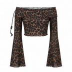 Women's Leopard Print Off-The-Shoulder Bell Sleeve Crop Top