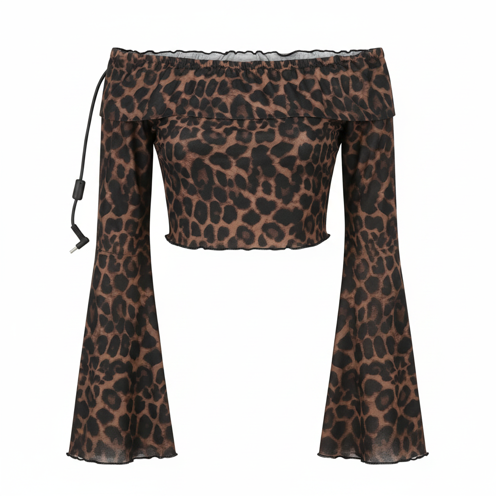 Women's Leopard Print Off-The-Shoulder Bell Sleeve Crop Top