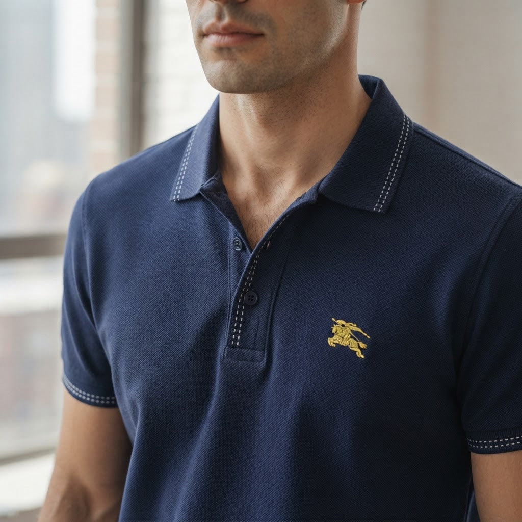 Burberry Navy Blue Tipped Cotton Polo Shirt with Gold Embroi
