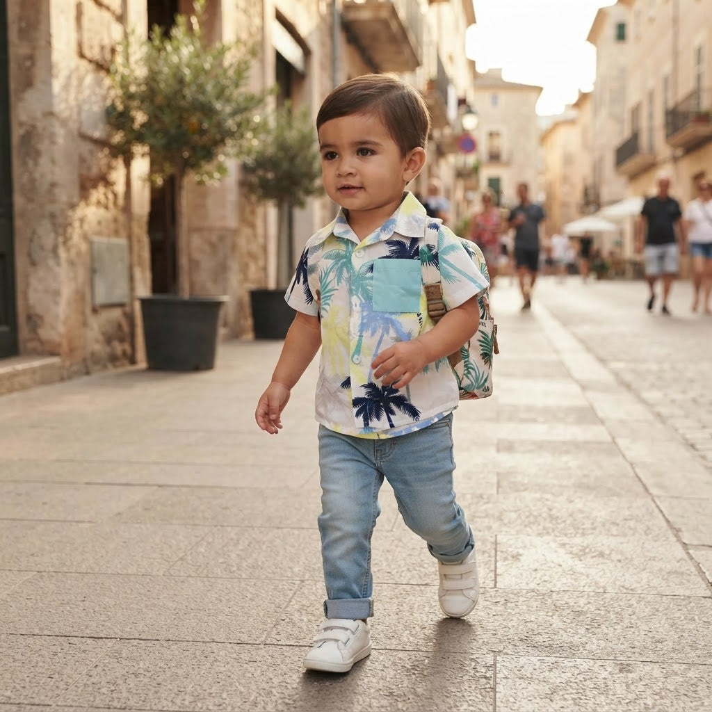 Boys Tropical Palm Tree Print Short Sleeve Button-Down