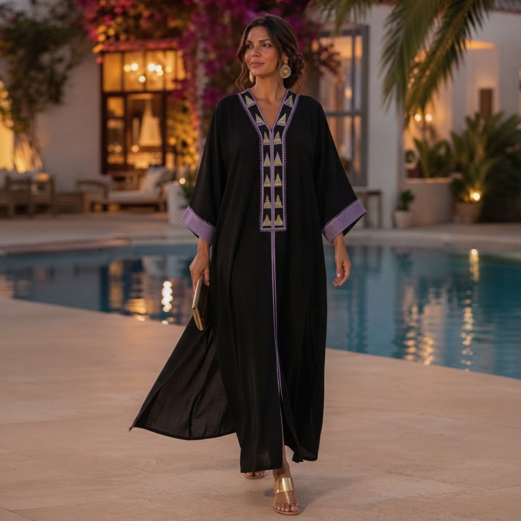 Black Abaya with Lavender Geometric Tribal Embroidery