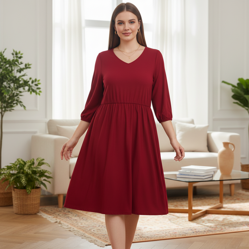 Women's Red V-Neck Jersey Smock Dress