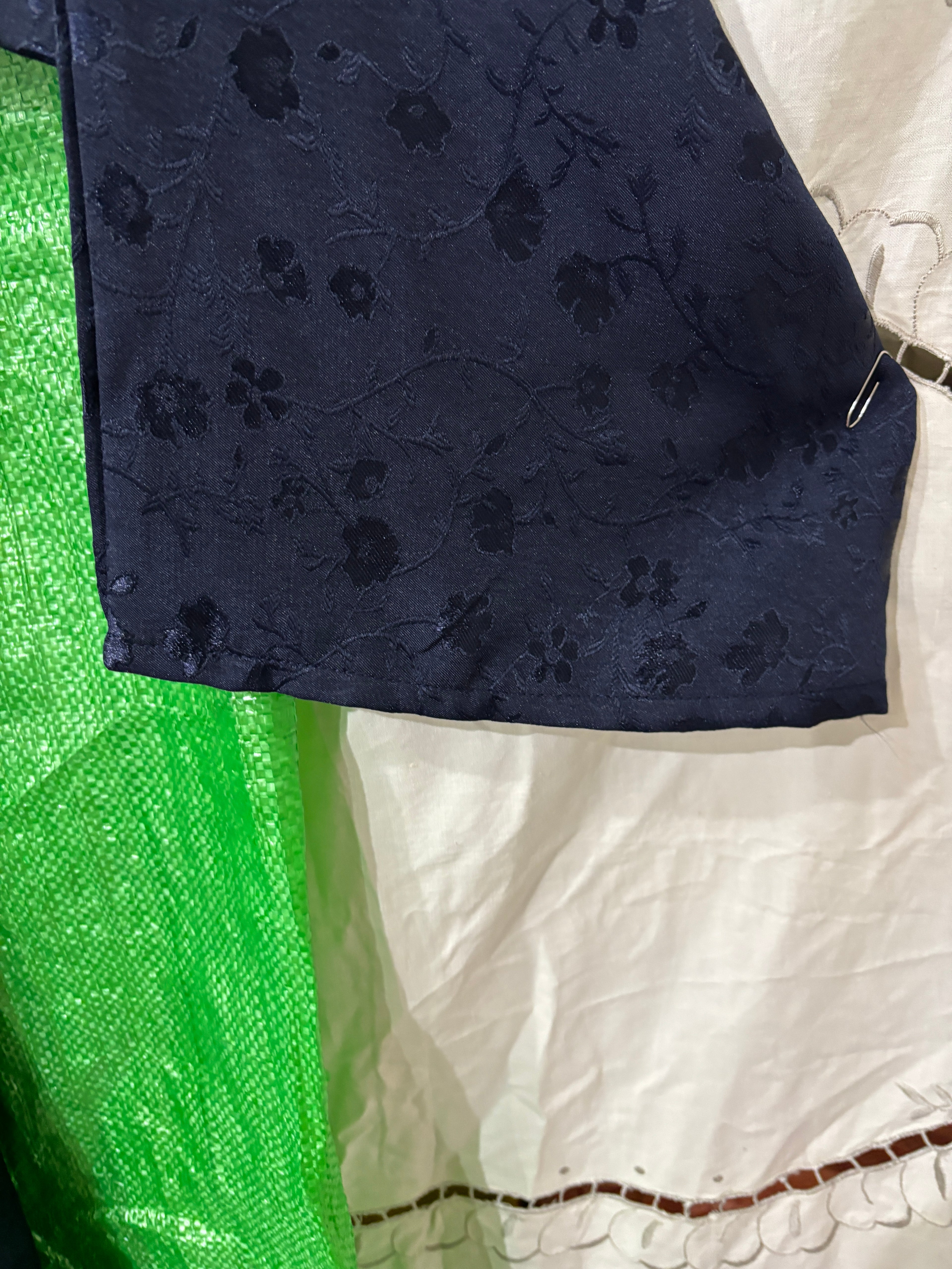 Navy Blue Floral Jacquard Long Modest V-Neck Dress