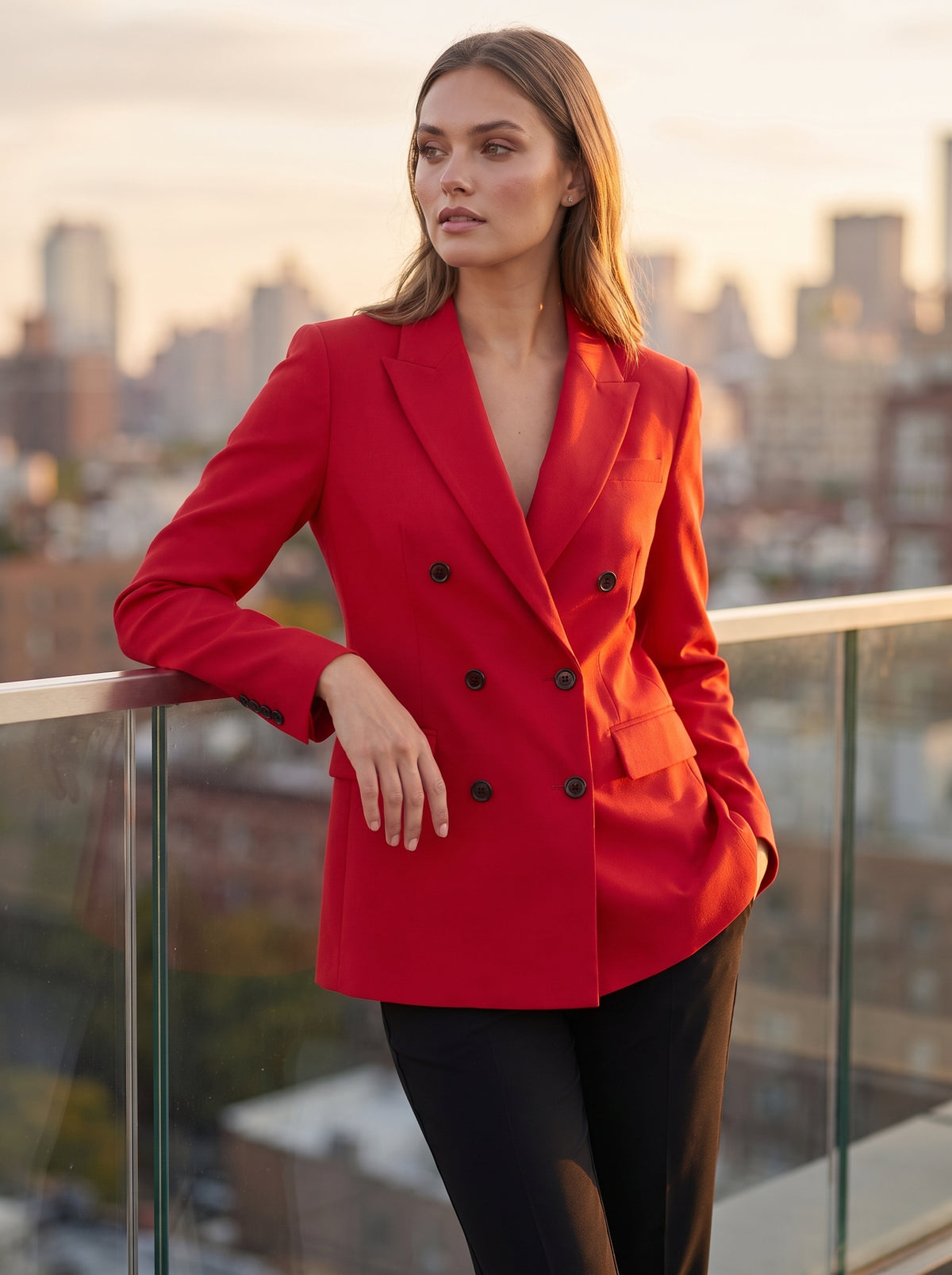 [WearU Generated:campaign_3] Bright Red Fitted Double-Breasted Tailored Blazer – campaign 3