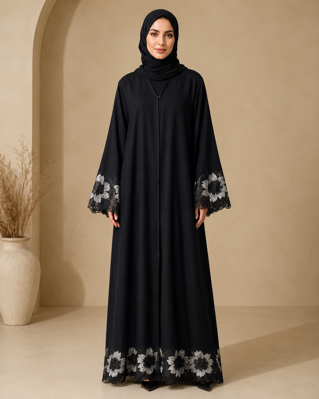Black Floral Lace Crepe Abaya Long Robe
