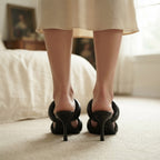 JW PEI Black Puffy Double Strap Pointed Toe Stiletto Mules