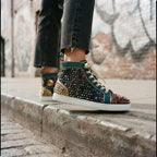 Christian Louboutin Luxury Studded Patchwork High-Top Sneake