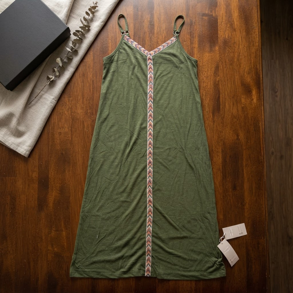 EMERY ROSE Olive Green Maxi Cami Dress with Chevron Trim