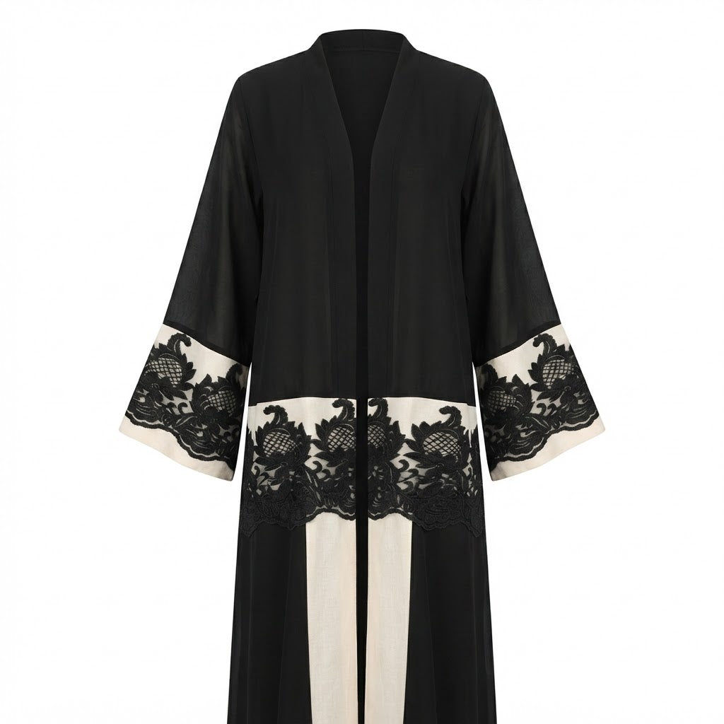 Black and Cream Lace Panel Long Tunic Kameez
