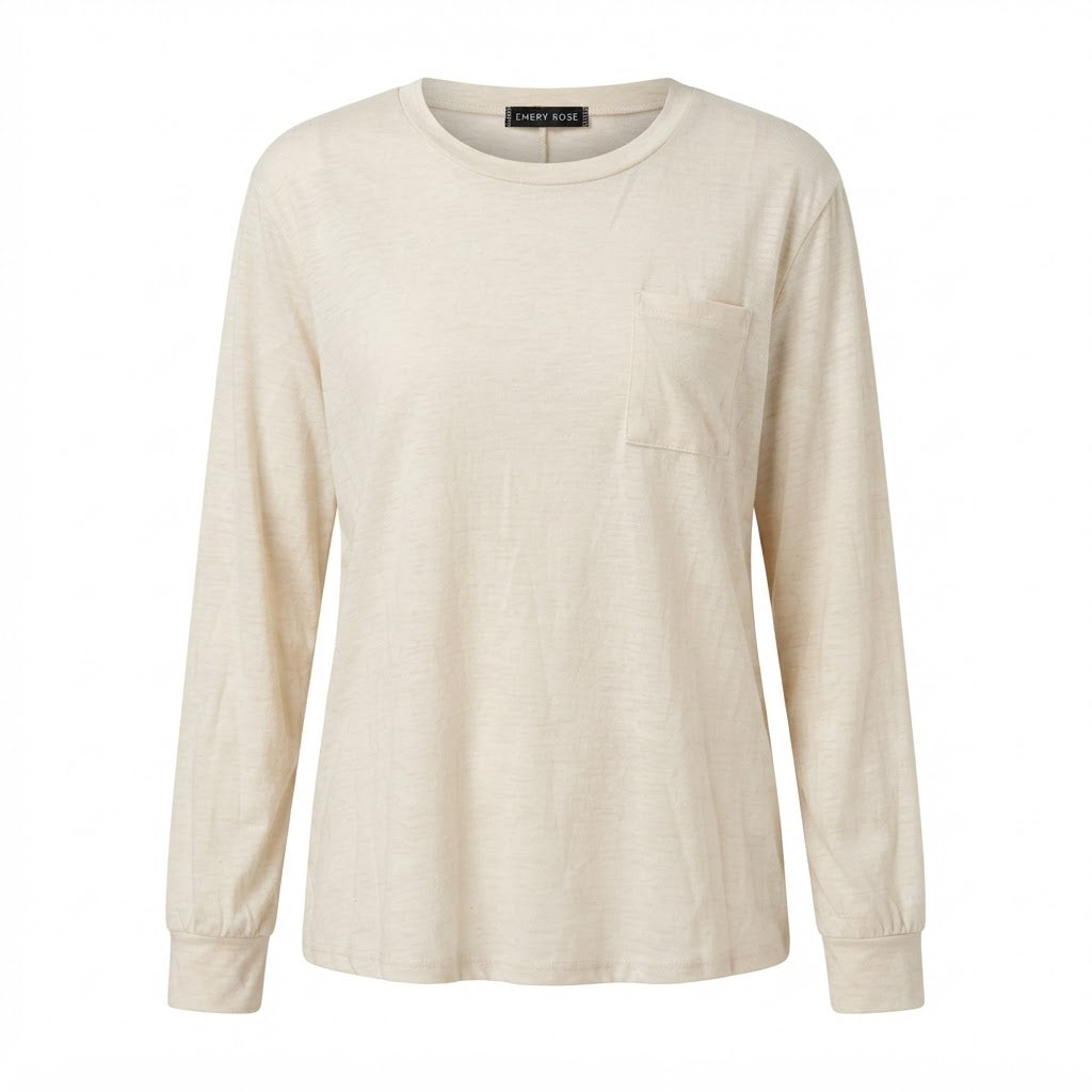 Emery Rose Oatmeal Relaxed Long-Sleeve T-Shirt with Chest Po