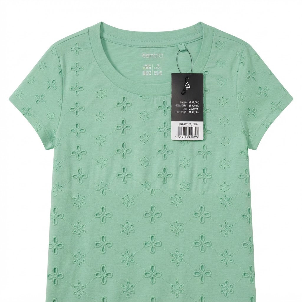 esmara Women's Light Green T-Shirt with Floral Eyelet Yoke