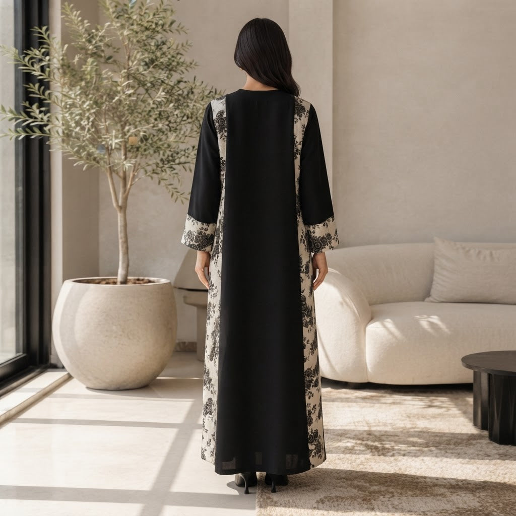 UNIQUE ABAYA Unique Abaya Black & Gold Floral Jacquard Open-