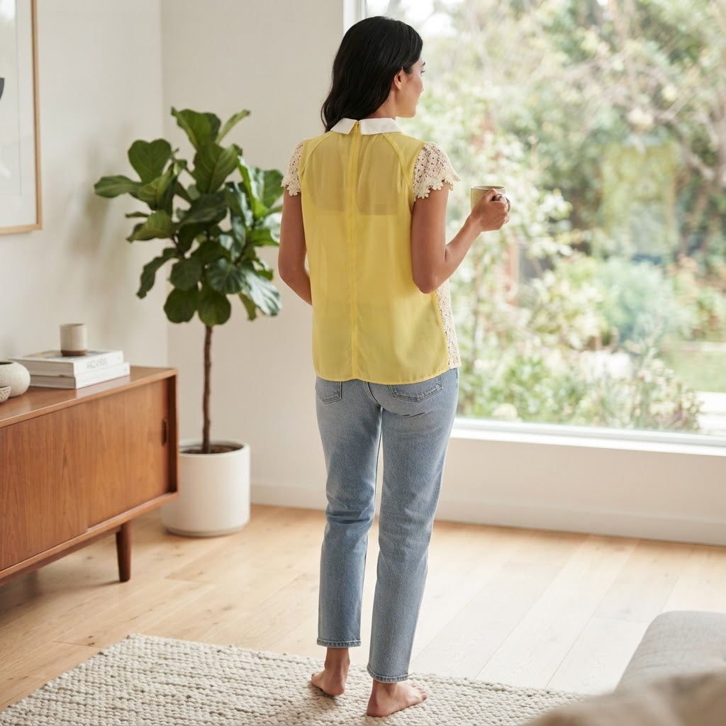 Women's Yellow and White Floral Lace Collar Blouse