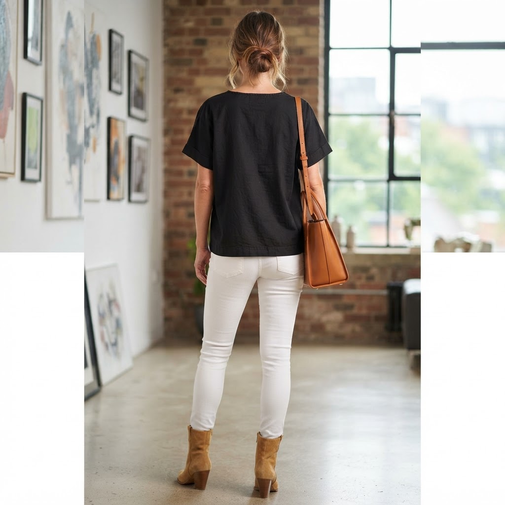 Women's Black Relaxed-Fit Short-Sleeved Scoop Neck Top