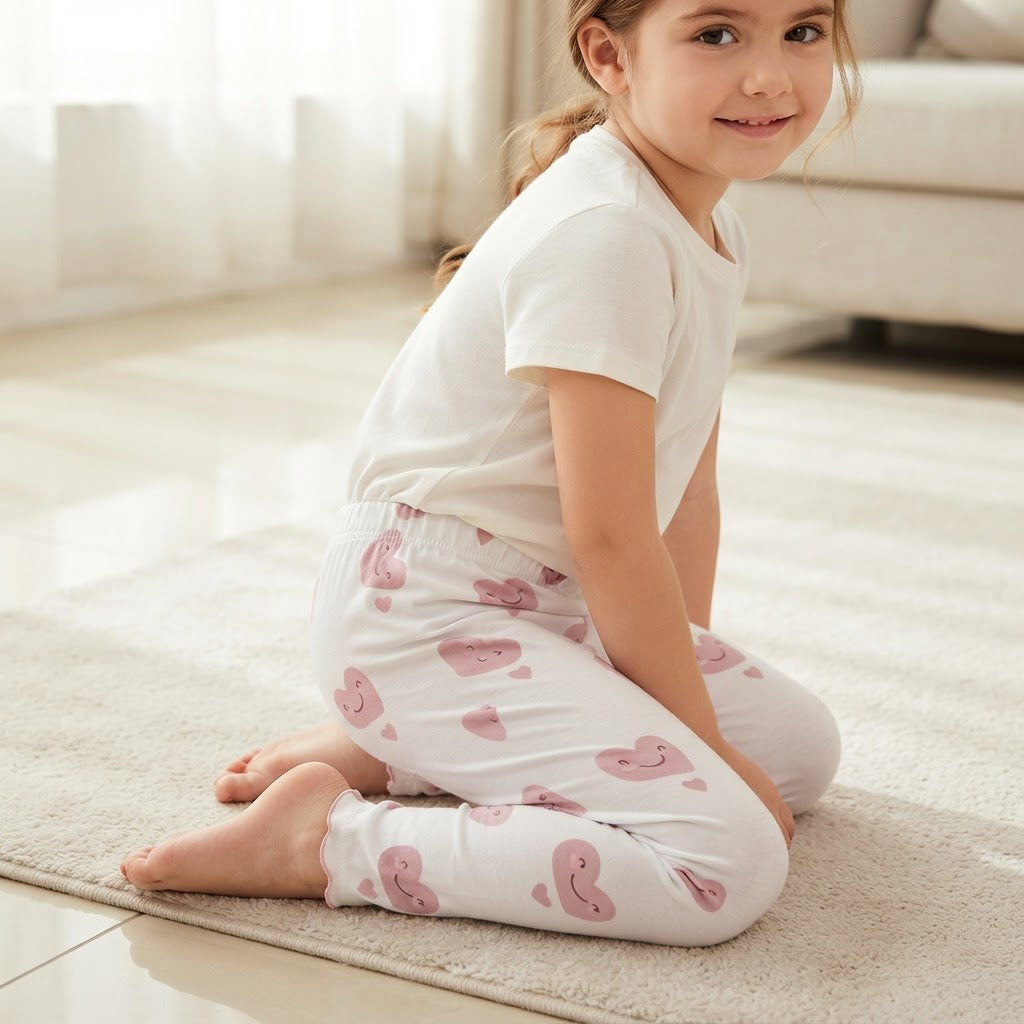 SHEIN White Ankle Leggings with Pink Kawaii Heart Print
