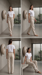 Women's Beige Linen Blend Drawstring Trousers