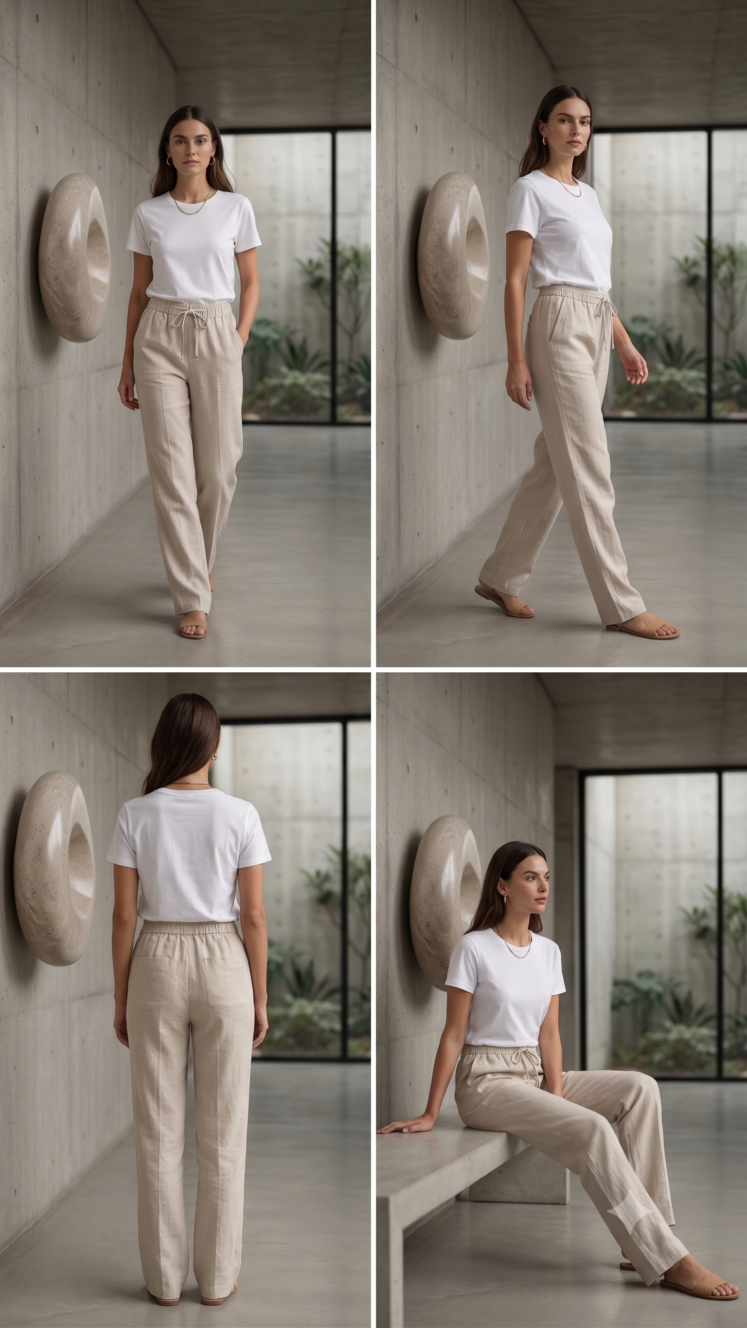Women's Beige Linen Blend Drawstring Trousers