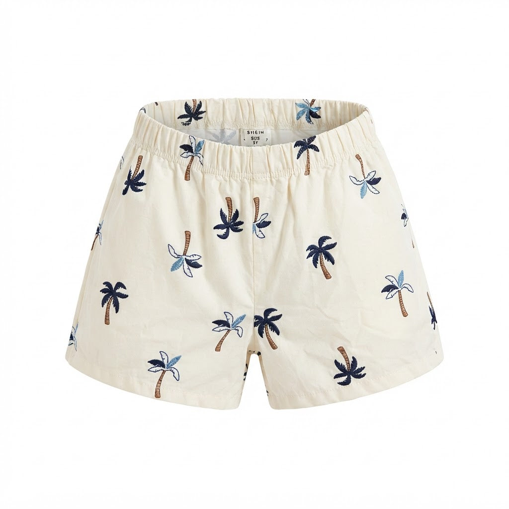 SHEIN Cream Palm Tree Embroidered Pull-On Kids' Shorts