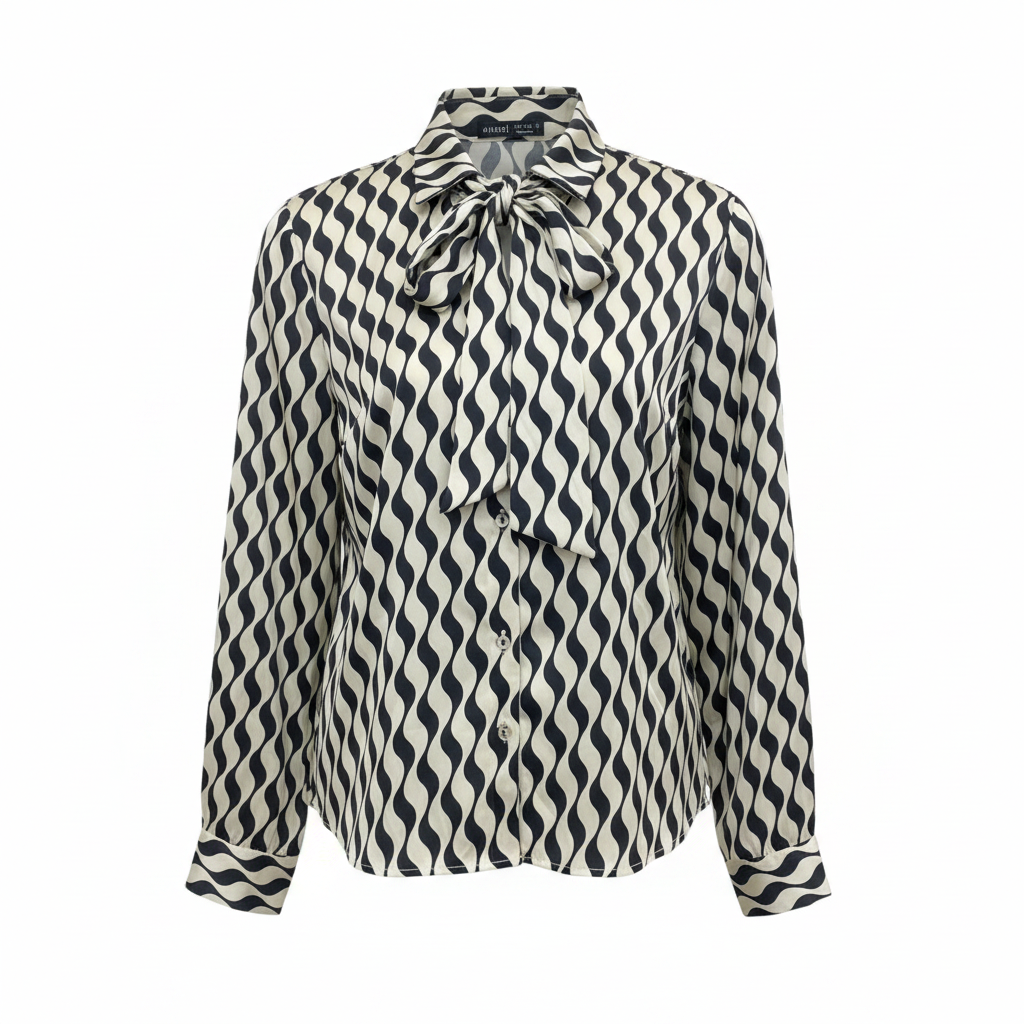 SHEIN Women's Black & Cream Wavy Print Satin Blouse