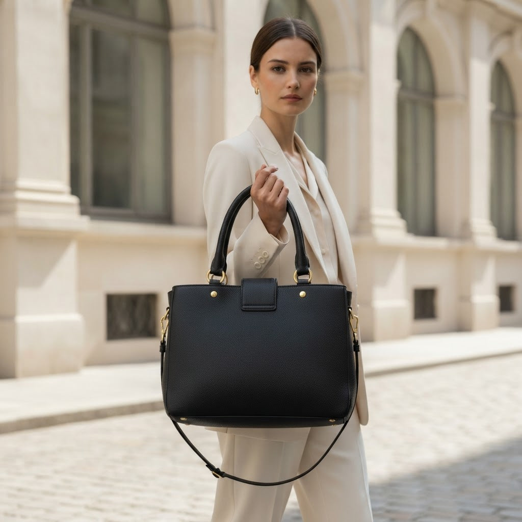 PRADA PRADA Black Grained Leather Top-Handle Tote