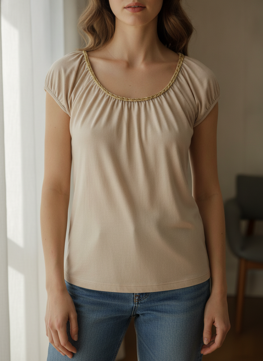 Love and Money Oatmeal Gathered Scoop Neck Top with Braided