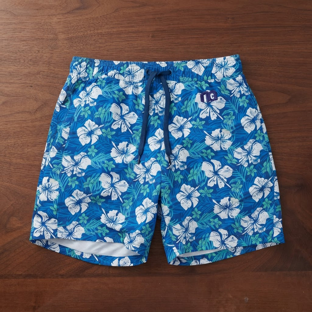 Cobalt Blue Tropical Floral Print Swim Shorts