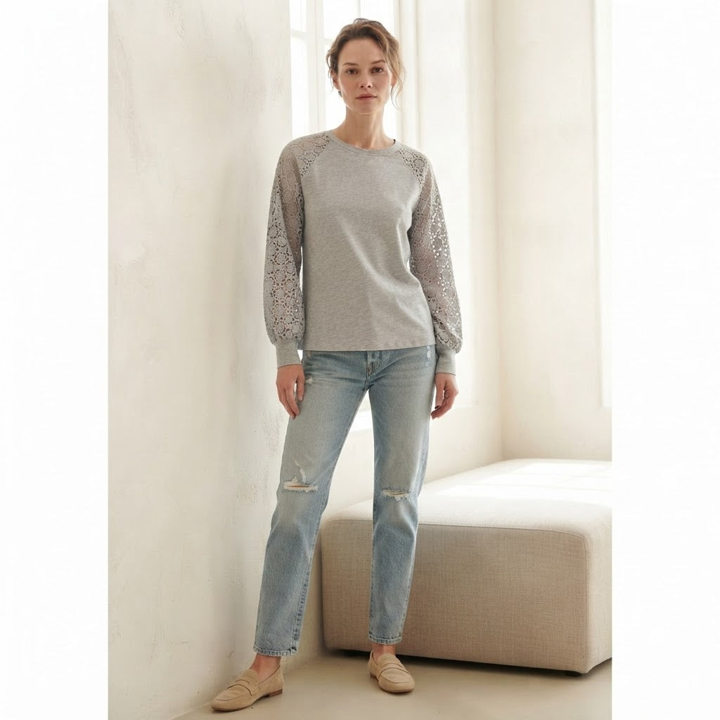 EMERY ROSE Light Heather Grey Top with Crochet Lace Sleeves