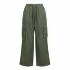 Women's Olive Green Wide-Leg Cargo Pants with Drawstring