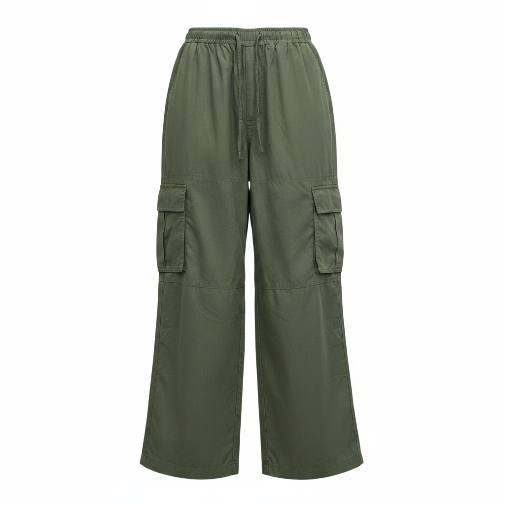 Women's Olive Green Wide-Leg Cargo Pants with Drawstring