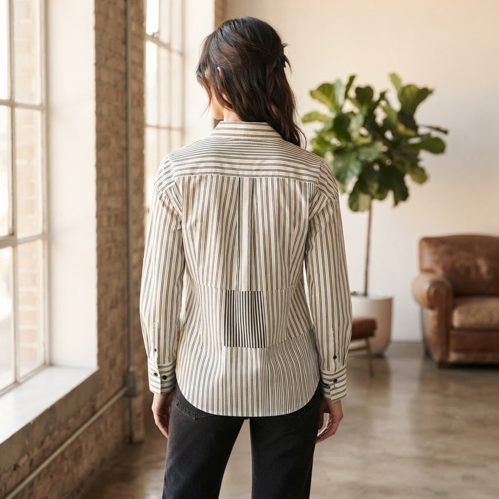 Women's Black and White Striped Oversized Button-Down Shirt