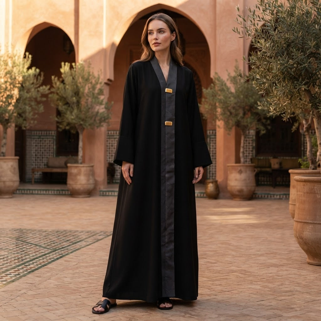Women's Black Abaya with Gold Hardware & Patterned Trim