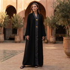 Women's Black Abaya with Gold Hardware & Patterned Trim
